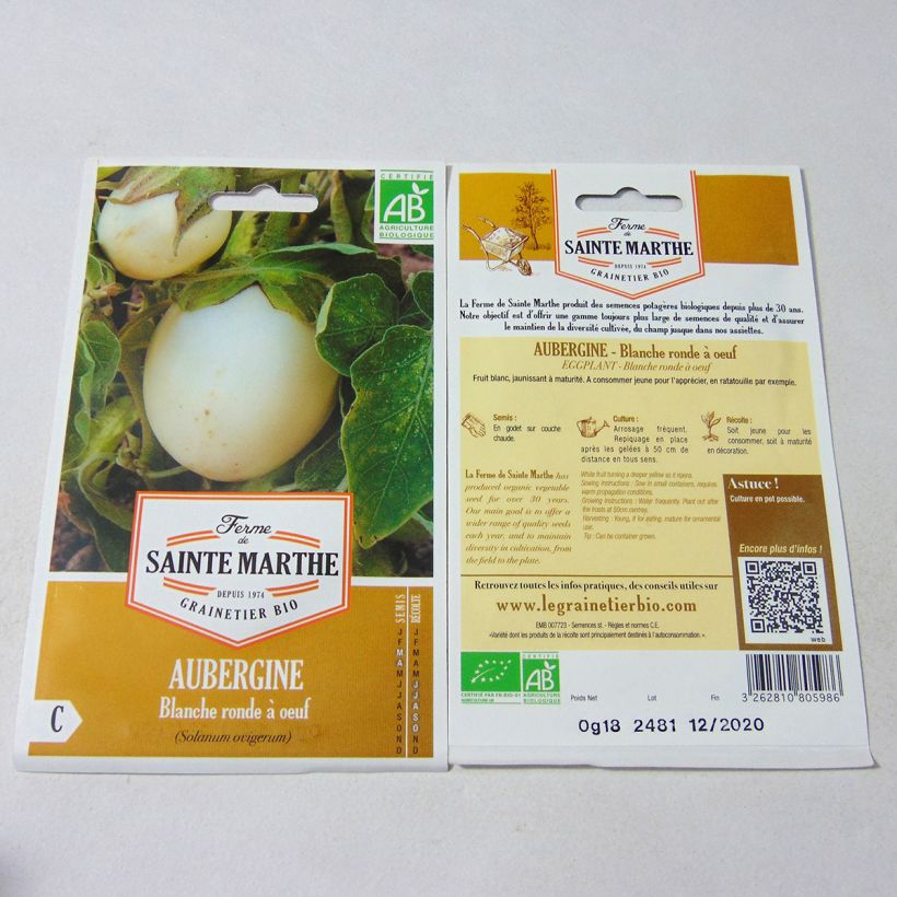 Beispiel eines Exemplars von Aubergine Blanche Ronde A Oeuf Bio die Tüte mit 40 Samen (0.18g) wie geliefert