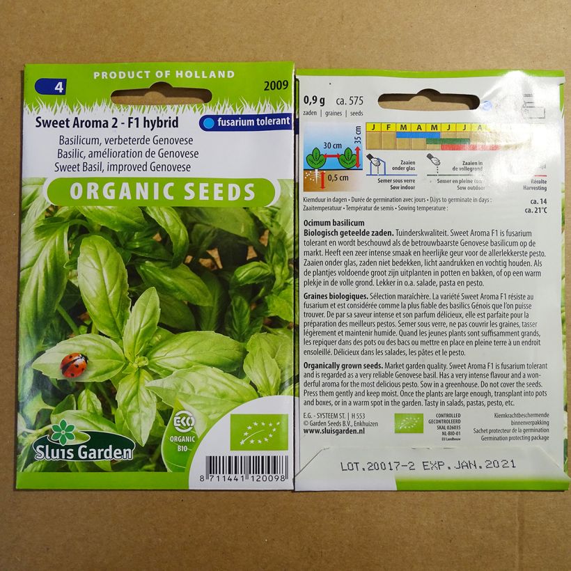 Beispiel eines Exemplars von Basilikum Sweet Aroma F1 Bio die Tüte mit 575 Samen (0.9g) wie geliefert