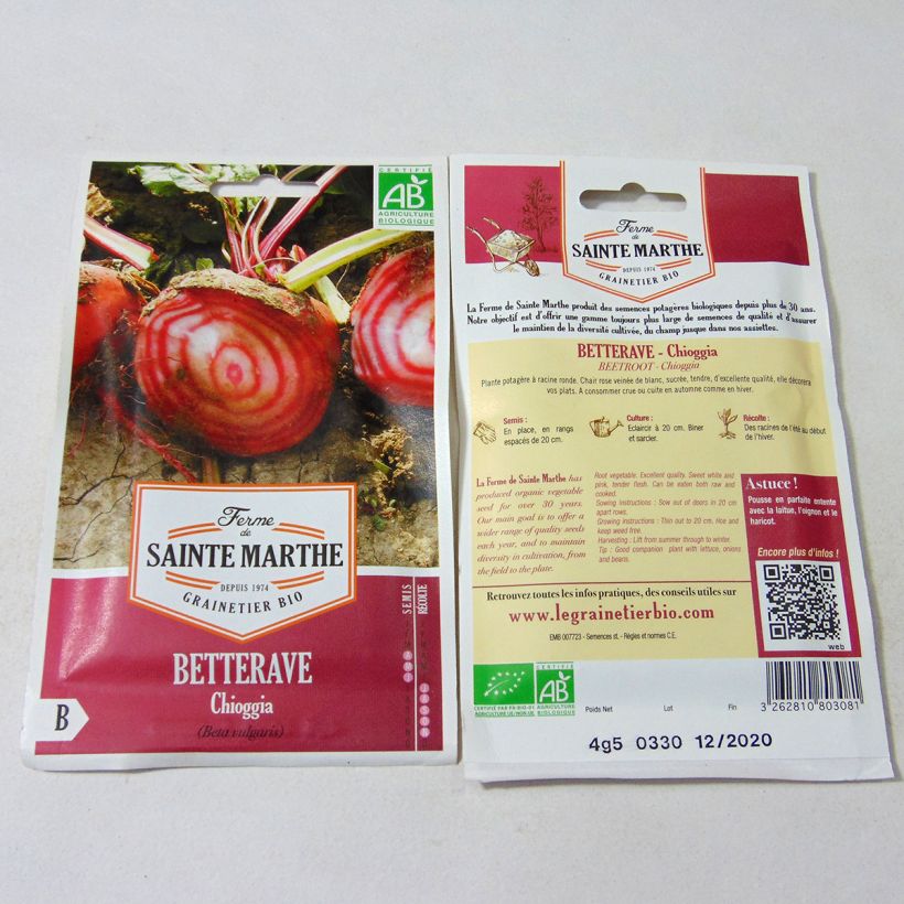 Beispiel eines Exemplars von Rote Bete Chioggia Bio- Ferme de Sainte Marthe die Tüte mit 300 Samen (4.5g) wie geliefert