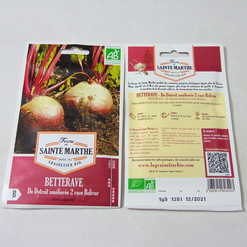 Beispiel eines Exemplars von Rote Bete De Detroit Améliorée 2 race Bolivar Bio - La Ferme de Sainte-Marthe die Tüte mit 80 Samen (1.5g) wie geliefert
