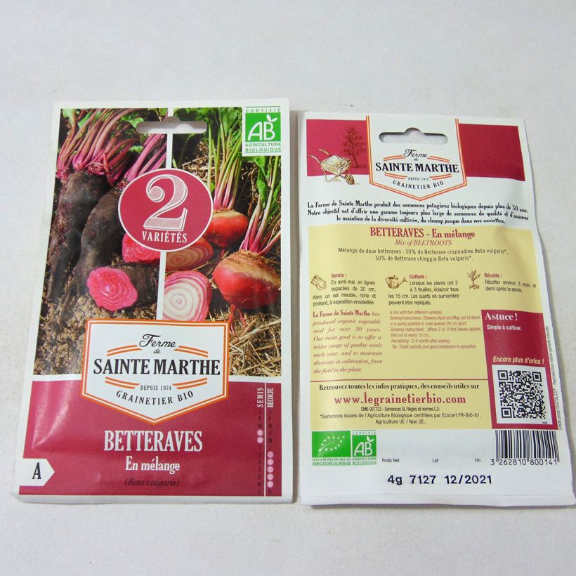 Beispiel eines Exemplars von Rote Bete Mix (Crapaudine, Chioggia) Bio - La Ferme de Sainte-Marthe die Tüte mit 200 Samen (4g) wie geliefert