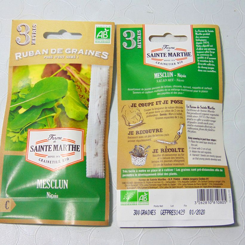 Beispiel eines Exemplars von Mesclun Mix 1 (Saatband) Bio - Ferme de Sainte Marthe Samen in Bändern wie geliefert
