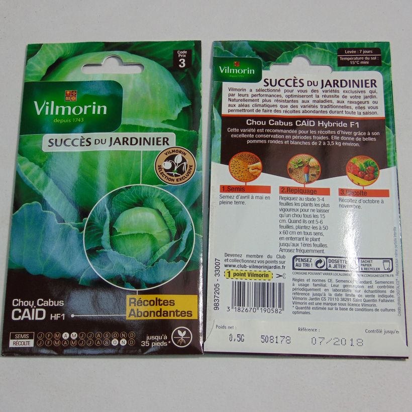 Beispiel eines Exemplars von Kopfkohl Caïd F1 - Vilmorin die Tüte mit Samen von 0.5 Gramm wie geliefert