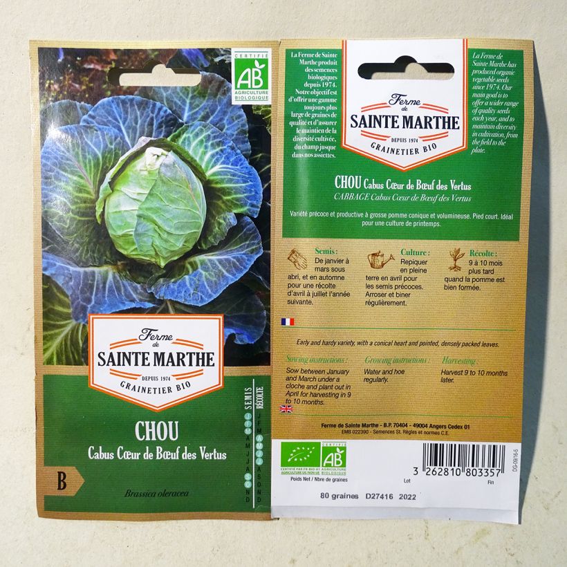 Beispiel eines Exemplars von Kopfkohl Coeur de Boeuf des Vertus Bio - Ferme de Sainte Marthe die Tüte mit 250 Samen (1g) wie geliefert