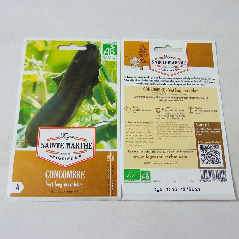 Beispiel eines Exemplars von Salat-Gurke Vert long maraîcher Bio - Ferme de Sainte Marthe die Tüte mit 15 Samen wie geliefert