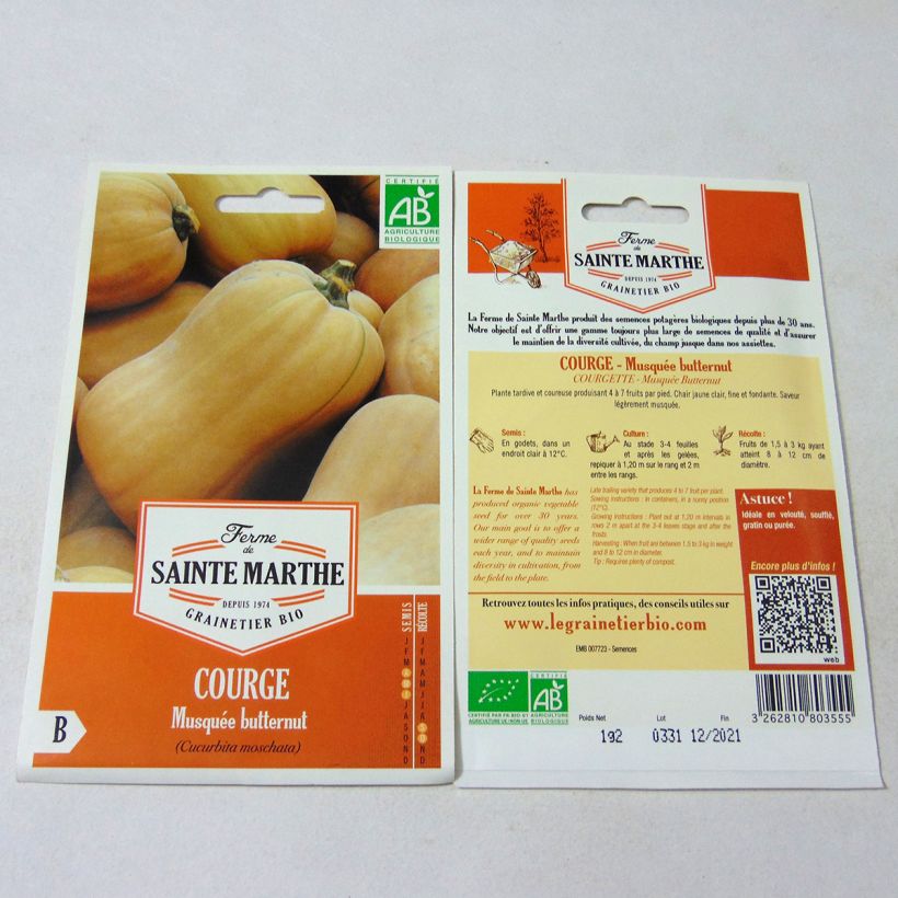 Beispiel eines Exemplars von Moschus-Kürbis Musquée Butternut Bio - Ferme de Sainte Marthe die Tüte mit 10 Samen (1.2g) wie geliefert