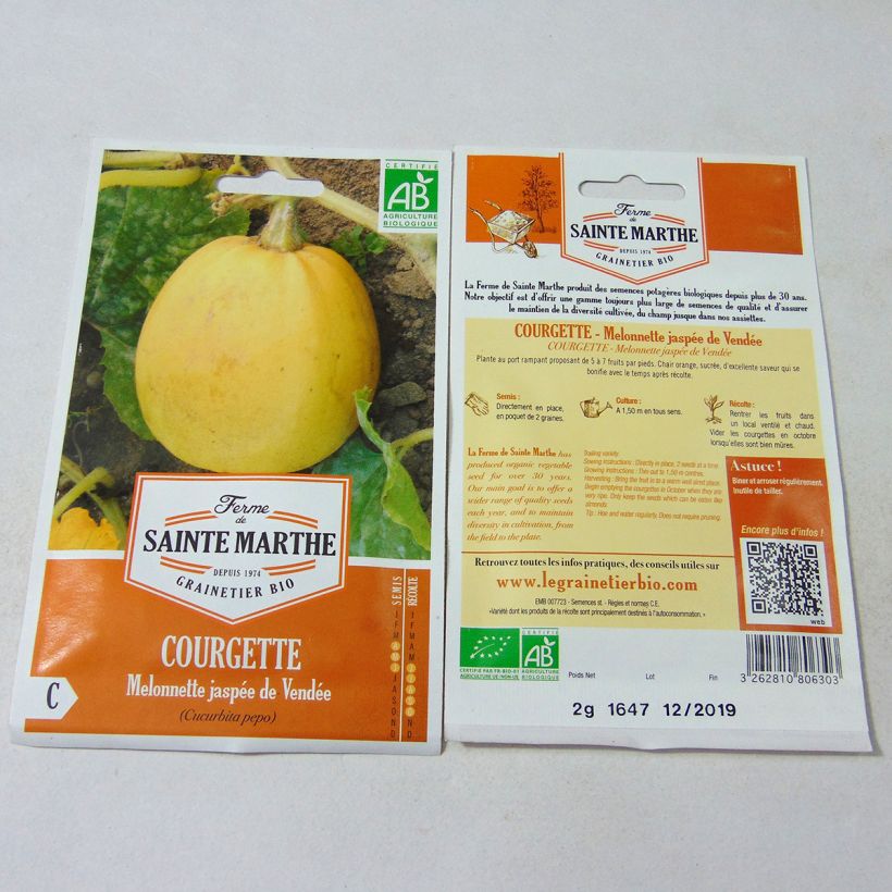 Beispiel eines Exemplars von Garten-Kürbis Melonnette Jaspée de Vendée Bio - Ferme de Sainte Marthe die Tüte mit 10 Samen (2g) wie geliefert