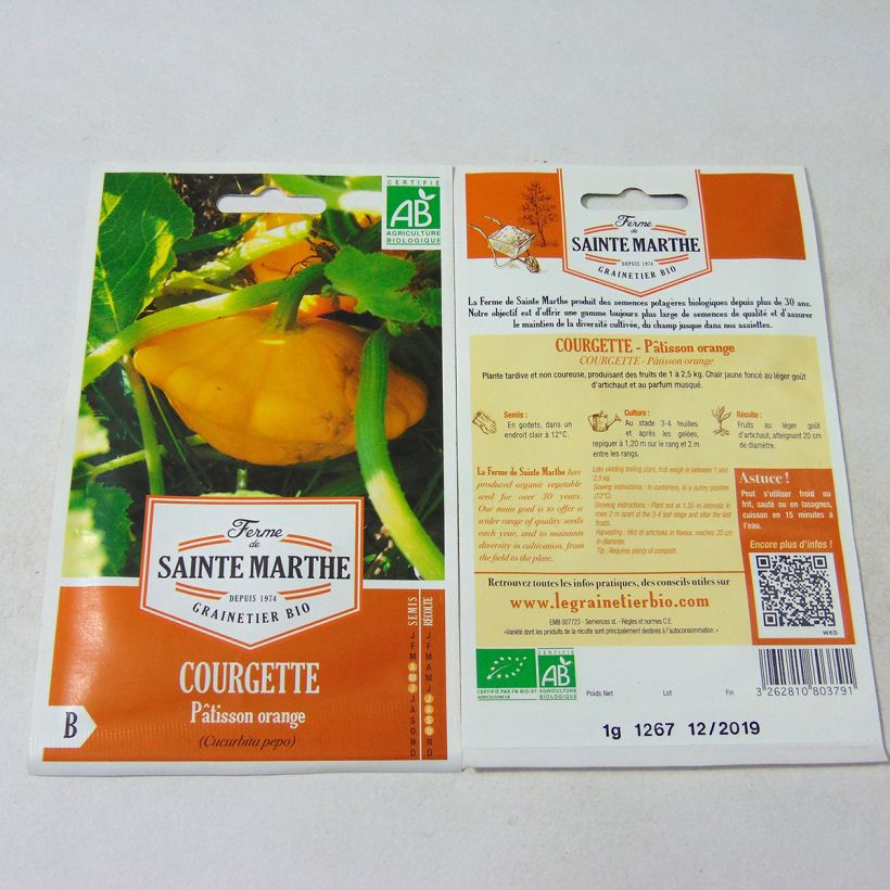 Beispiel eines Exemplars von Üfo-Kürbis Pâtisson Orange Bio - Ferme de Sainte Marthe die Tüte mit 10 Samen (1g) wie geliefert