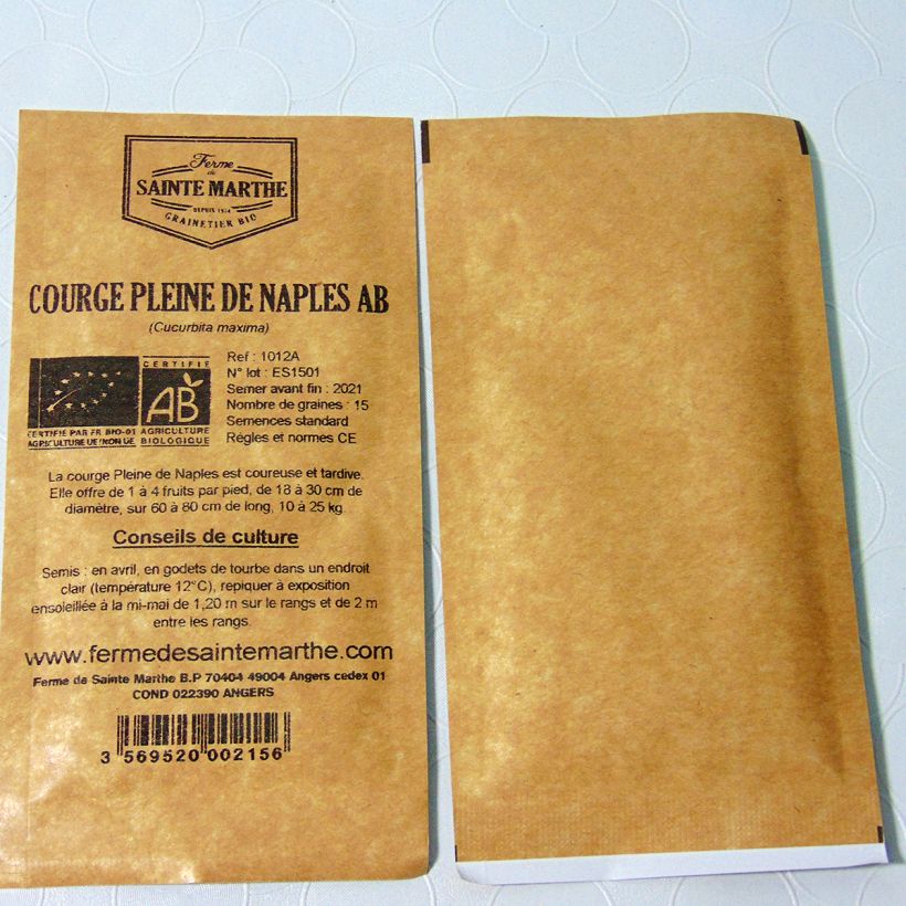 Beispiel eines Exemplars von Moschus-Kürbis Pleine de Naples Bio - Ferme de Sainte Marthe die Tüte mit 15 Samen (2g) wie geliefert