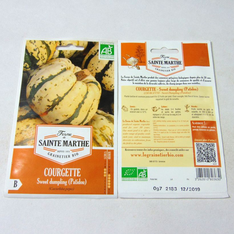 Beispiel eines Exemplars von Speisekürbis Sweet dumpling Bio - Ferme de Sainte Marthe die Tüte mit 10 Samen (0.7g) wie geliefert
