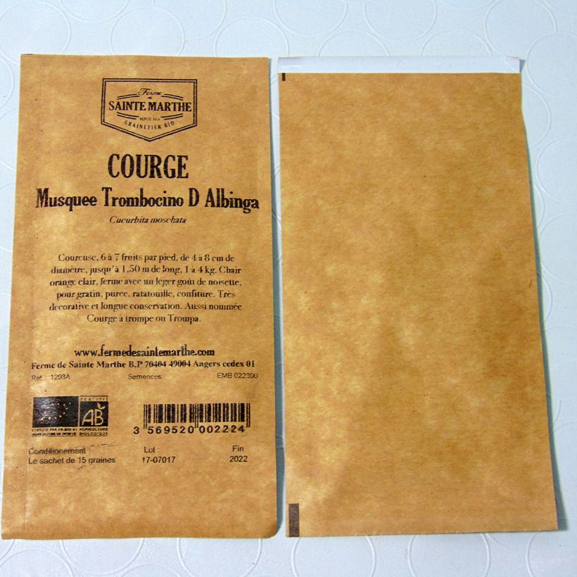 Beispiel eines Exemplars von Moschus-Kürbis Tromboncino d'Albinga Bio - Ferme de Sainte Marthe die Tüte mit 20 Samen (1g) wie geliefert