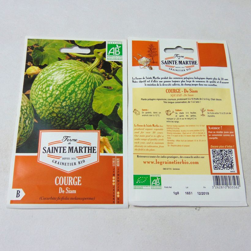 Beispiel eines Exemplars von Feigenblatt-Kürbis Bio - Ferme de Sainte Marthe - Cucurbita ficifolia die Tüte mit 8 Samen (1,8g) wie geliefert
