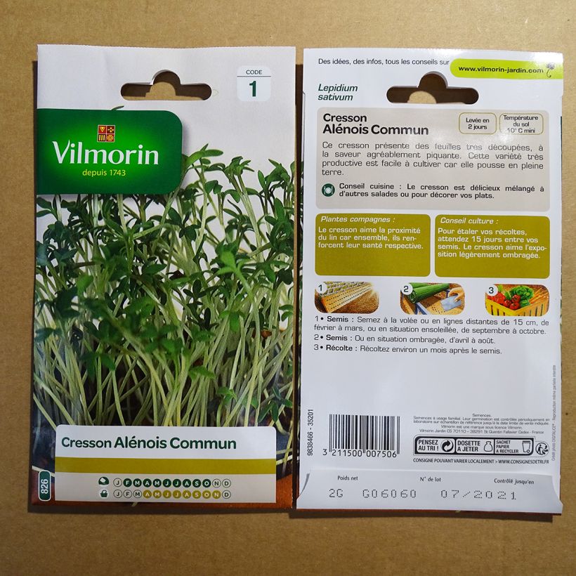 Beispiel eines Exemplars von Garten-Kresse - Vilmorin - Lepidium sativum die Tüte mit 800 Samen (2g) wie geliefert