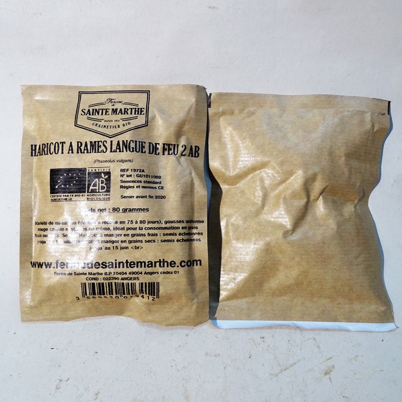 Beispiel eines Exemplars von Stangenbohne Langue de Feu 2 Bio die Tüte mit 160 Samen (80g) wie geliefert