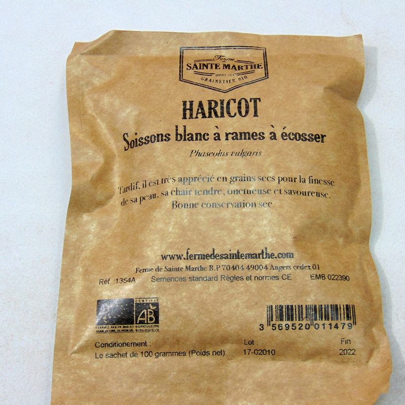Beispiel eines Exemplars von Stangenbohne Soissons Blanc Bio die Tüte mit 200 Samen (100g) wie geliefert