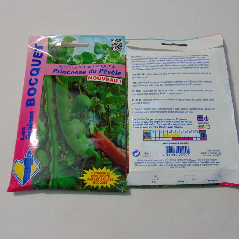 Beispiel eines Exemplars von Stangenbohne Princesse du Pévèle die Tüte mit 180 Samen (90g) wie geliefert