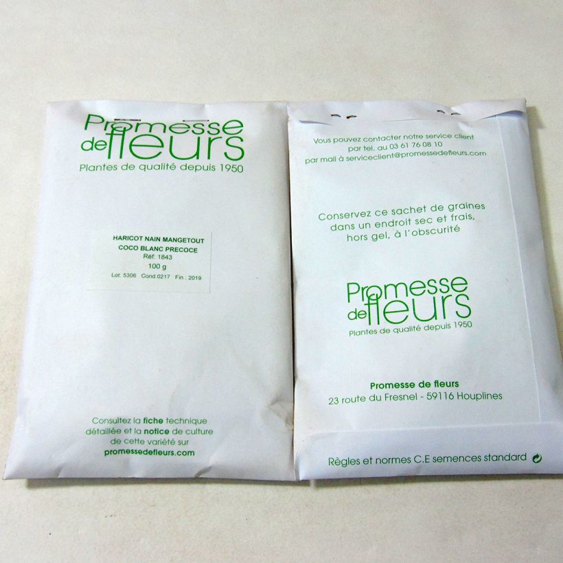 Beispiel eines Exemplars von Garten-Bohne Coco Blanc die Tüte mit 180 Samen (100g) wie geliefert