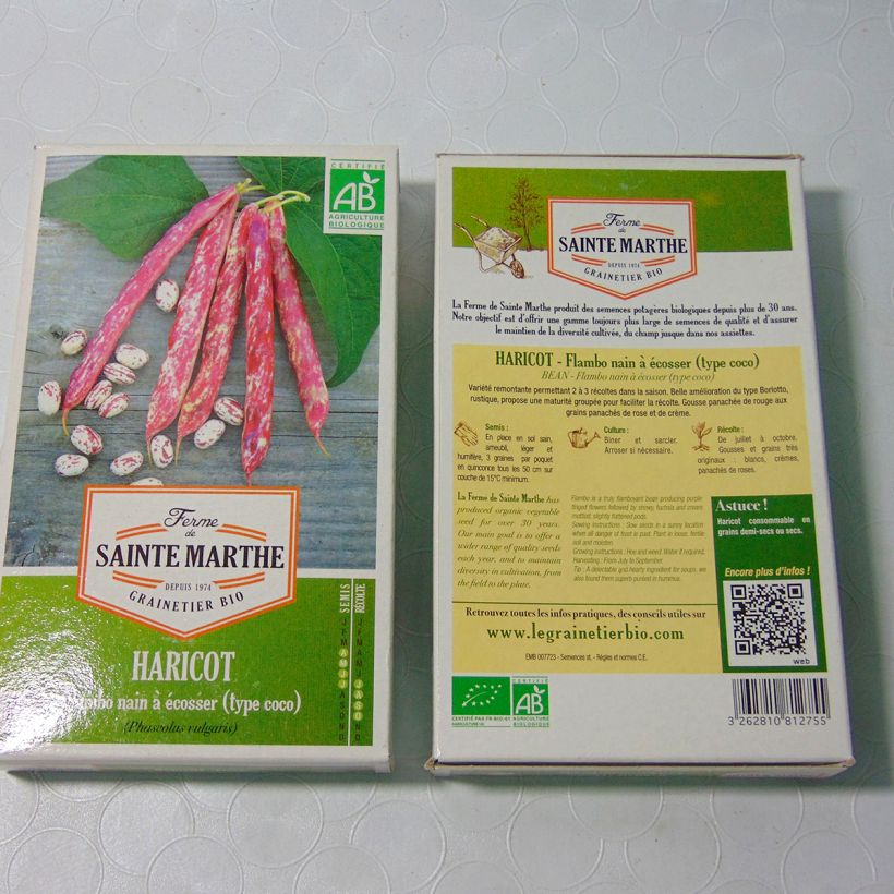 Beispiel eines Exemplars von Zwergbohne Flambo Bio die Tüte mit 180 Samen (80g) wie geliefert