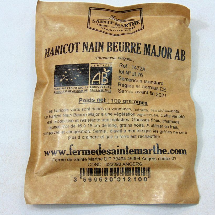 Beispiel eines Exemplars von Zwergbohne Major Bio - Ferme de Sainte Marthe die Tüte mit Samen von 80 Gramm wie geliefert