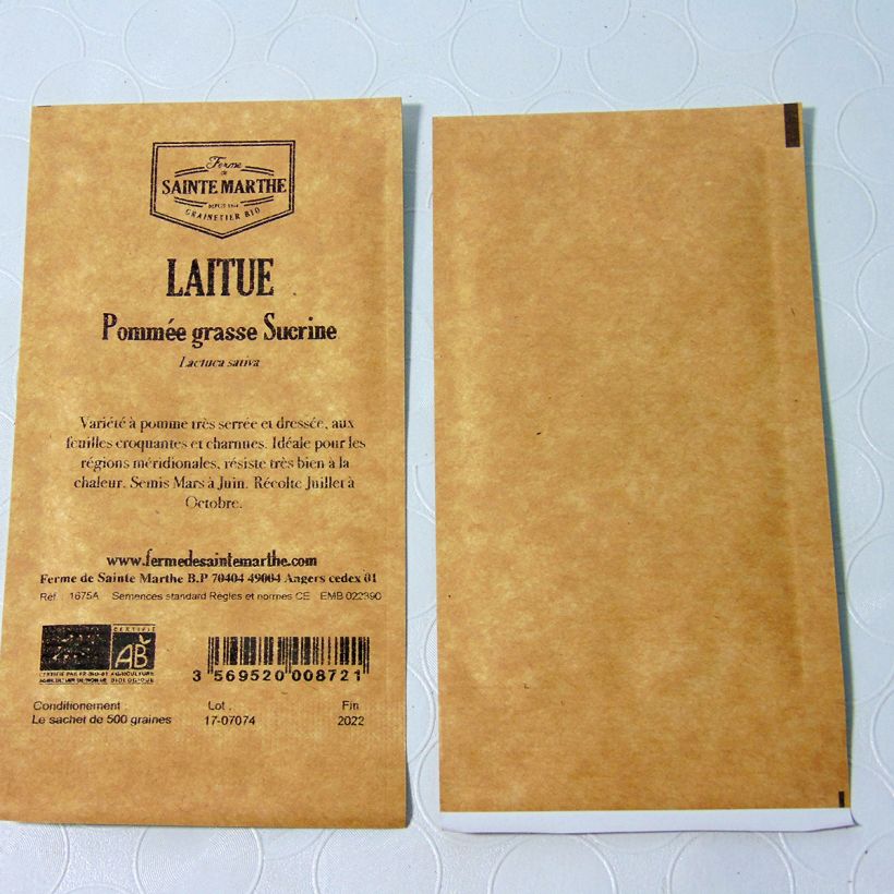 Beispiel eines Exemplars von Kopfsalat Sucrine Bio - Ferme de Sainte Marthe die Tüte mit 500 Samen wie geliefert
