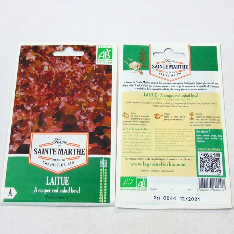 Beispiel eines Exemplars von Schnittsalat Red Salad Bowl Bio - Ferme de Sainte Marthe die Tüte mit 4000 Samen (3g) wie geliefert