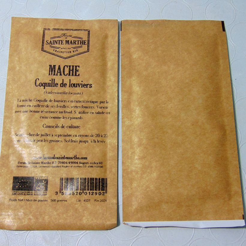 Beispiel eines Exemplars von Gewöhnlicher Feldsalat Coquille de Louviers Bio - Ferme de Sainte Marthe die Tüte mit 600 Samen wie geliefert