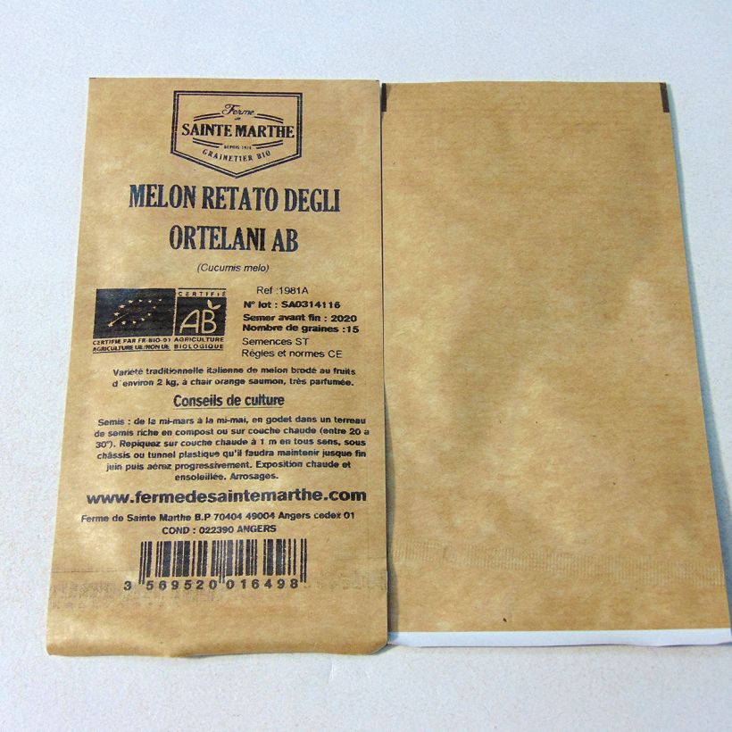 Beispiel eines Exemplars von Melone Rerato Degli Ortolani Bio Bio - Ferme de Sainte Marthe die Tüte mit 15 Samen (Sachet de 15 grainesg) wie geliefert
