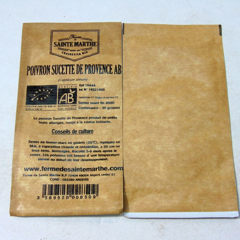 Beispiel eines Exemplars von Chili-Pfeffer Sucette de Provence Bio - Ferme de Sainte Marthe die Tüte mit 30 Samen wie geliefert