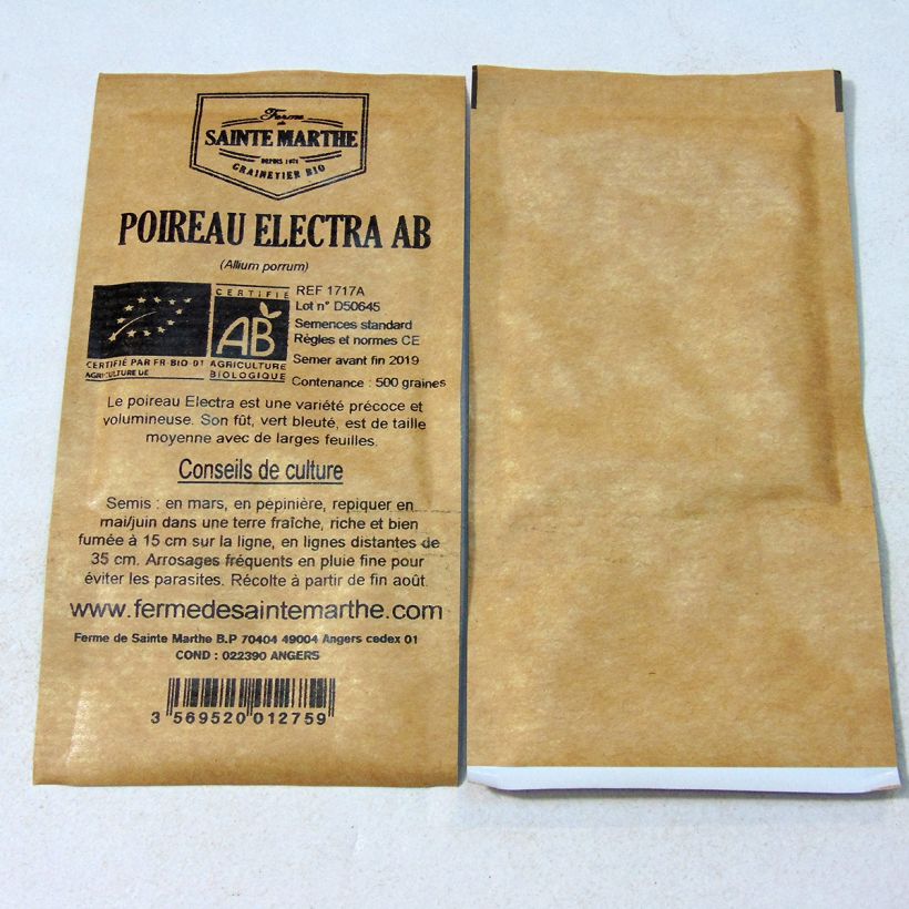 Beispiel eines Exemplars von Lauch-Porree Electra Bio - Ferme de Ste Marthe die Tüte mit 500 Samen (1g) wie geliefert