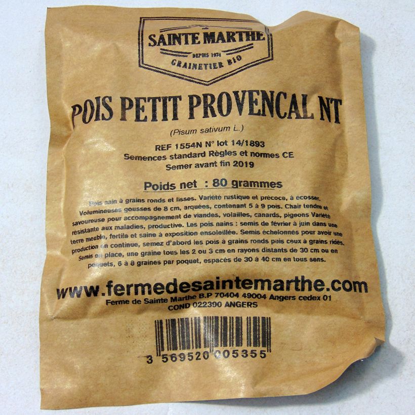 Beispiel eines Exemplars von Zwergerbse Petit Provençal Ferme de Sainte Marthe die Tüte mit 240 Samen (80g) wie geliefert