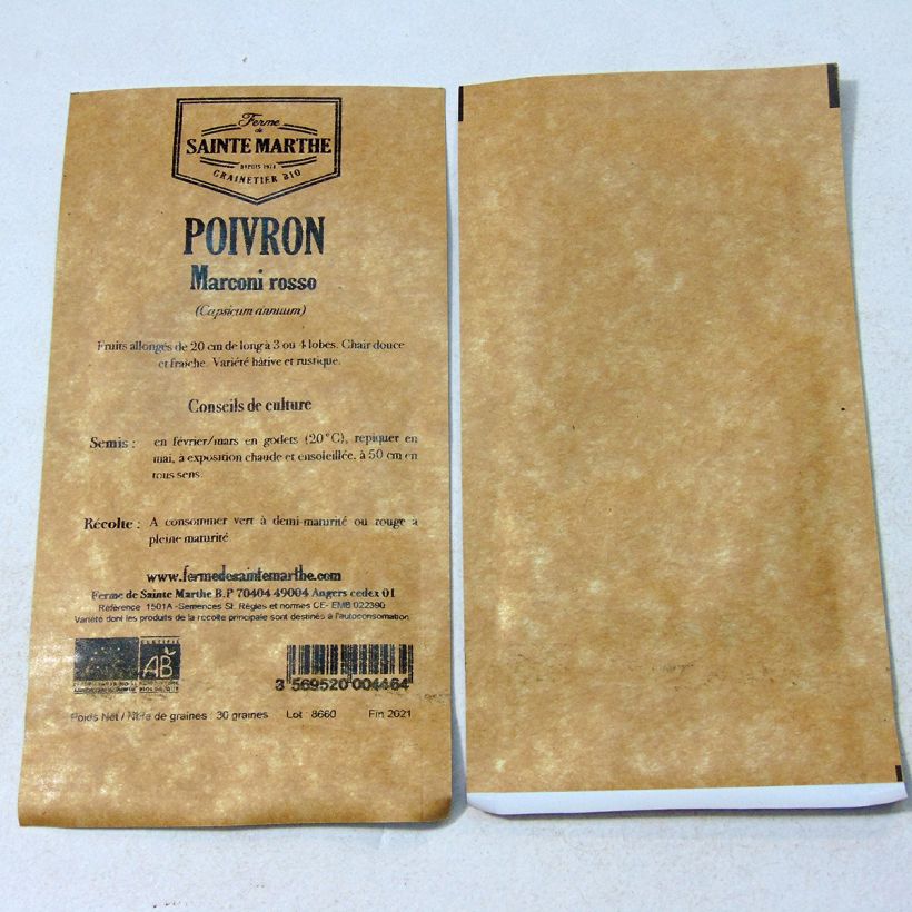 Beispiel eines Exemplars von Paprika Poivron Marconi Rosso Bio - Ferme de Sainte Marthe die Tüte mit 30 Samen wie geliefert