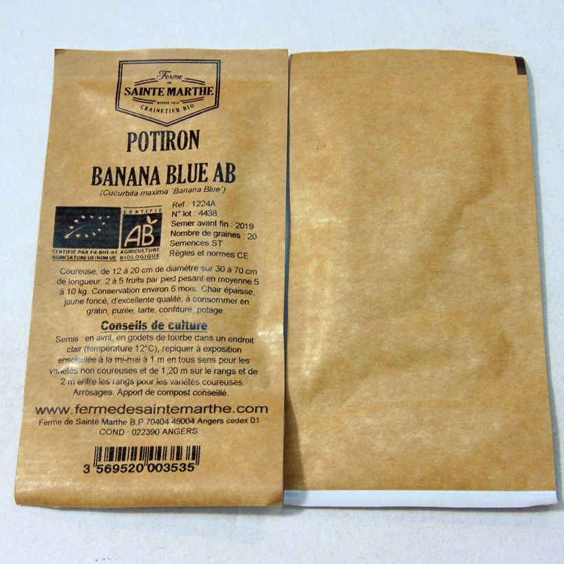 Beispiel eines Exemplars von Riesen-Kürbis Banana Blue Bio - Ferme de Sainte Marthe die Tüte mit 20 Samen (5g) wie geliefert