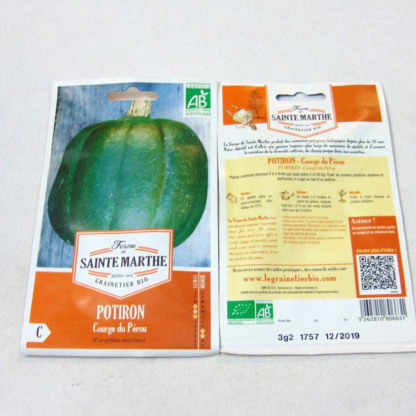 Beispiel eines Exemplars von Riesen-Kürbis Courge du Pérou Bio - Ferme de Sainte Marthe die Tüte mit 10 Samen (3g) wie geliefert