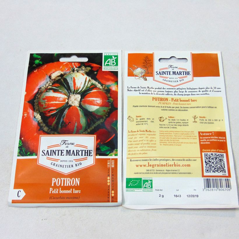 Beispiel eines Exemplars von Riesen-Kürbis Petit Bonnet Turc Bio - Ferme de Sainte Marthe die Tüte mit 8 Samen (2g) wie geliefert