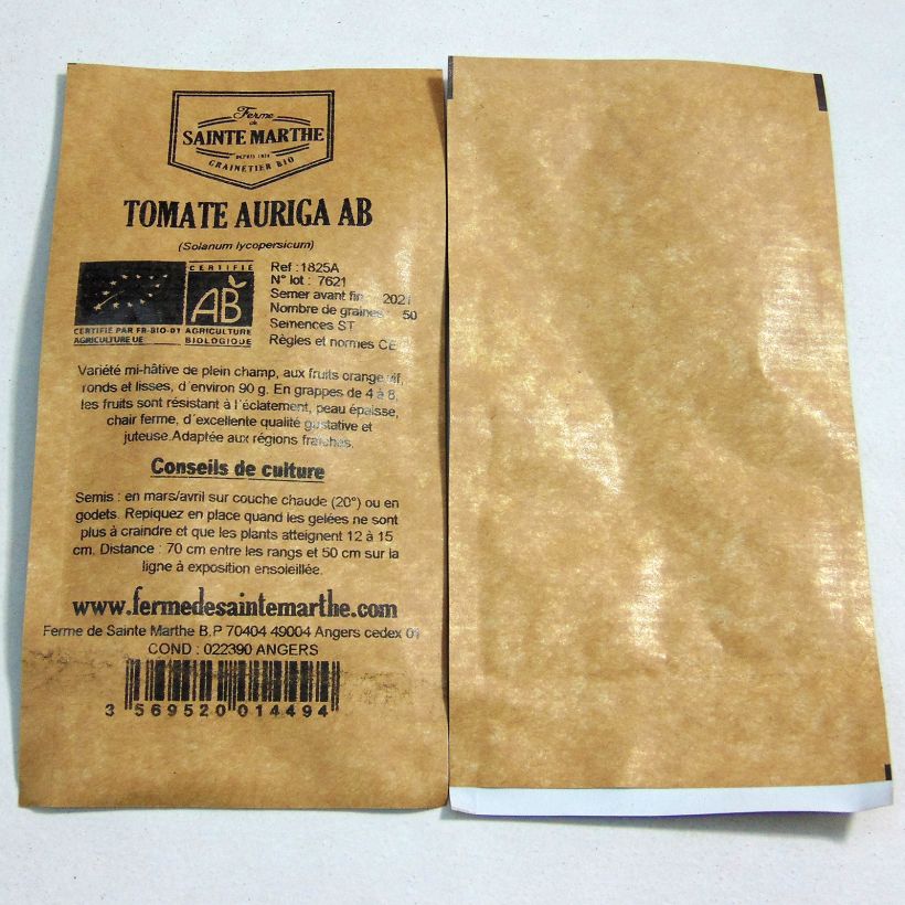 Beispiel eines Exemplars von Tomate Auriga Bio die Tüte mit 50 Samen wie geliefert
