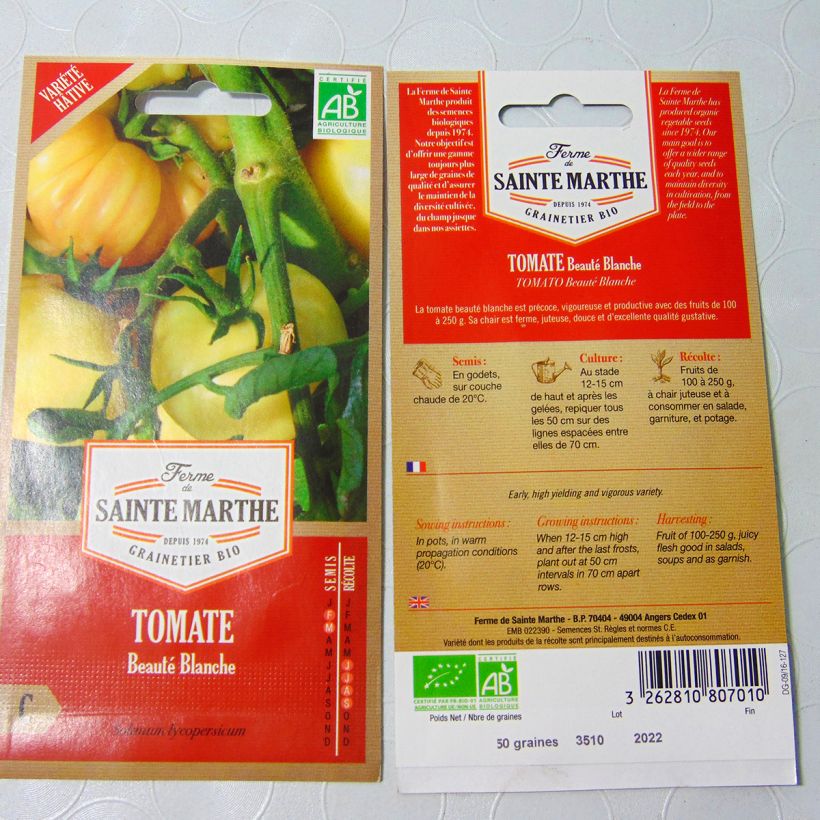 Beispiel eines Exemplars von Tomate Beauté Blanche Bio die Tüte mit 50 Samen wie geliefert
