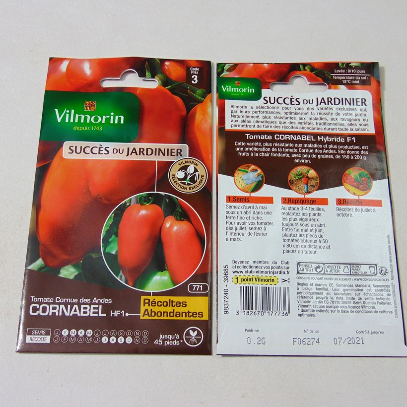 Beispiel eines Exemplars von Tomate Cornabel - Vilmorin die Tüte mit 60 Samen (0.2g) wie geliefert