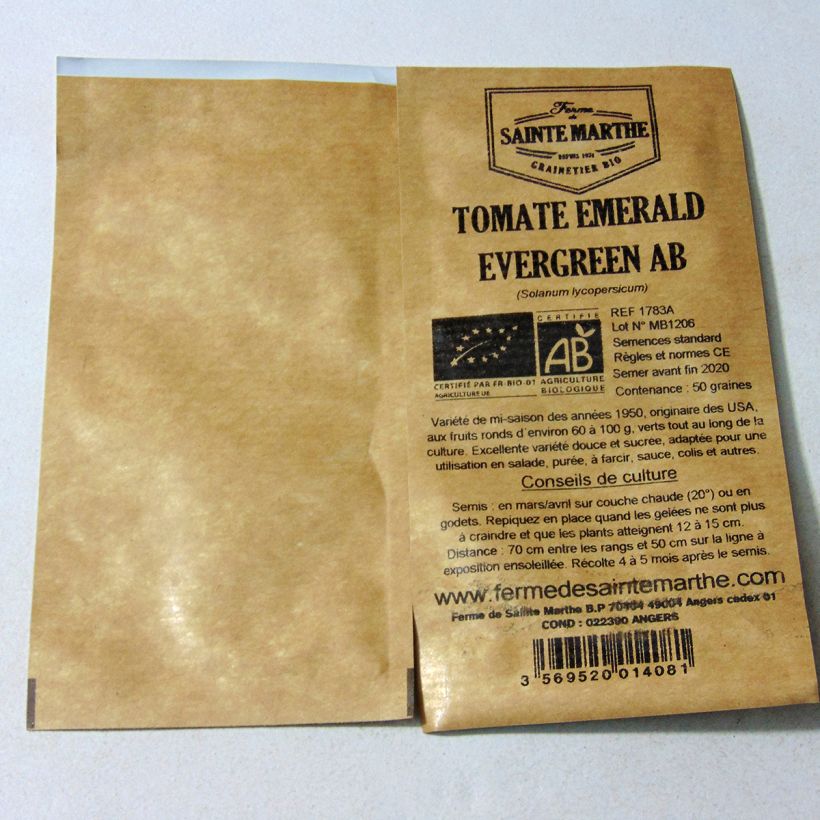 Beispiel eines Exemplars von Tomate Emerald Evergreen Bio die Tüte mit 50 Samen wie geliefert