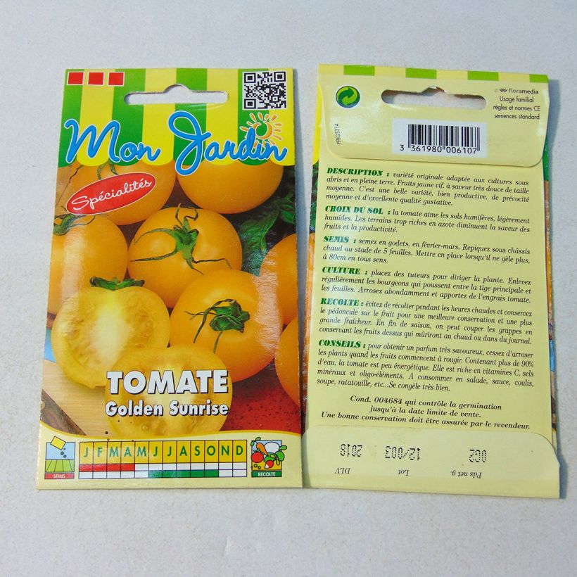 Beispiel eines Exemplars von Tomate Golden Sunshine die Tüte mit 60 Samen (0.2g) wie geliefert