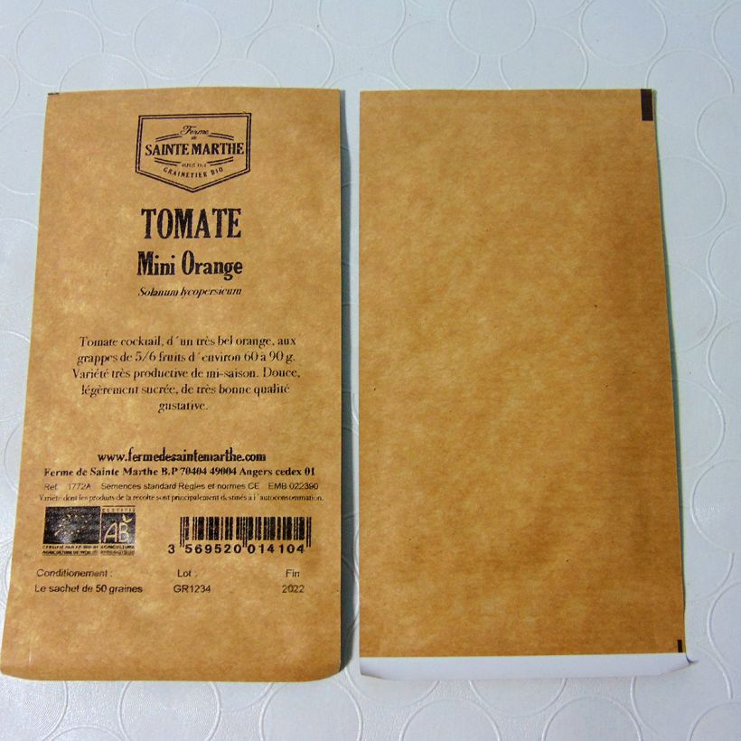 Beispiel eines Exemplars von Tomate Mini Orange Bio die Tüte mit 50 Samen wie geliefert