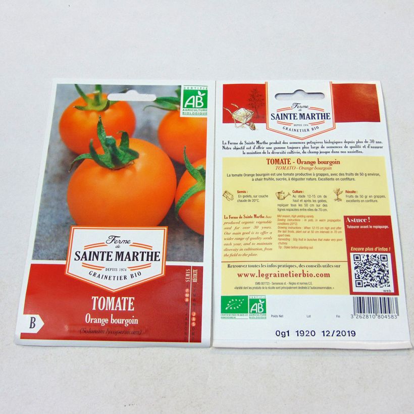 Beispiel eines Exemplars von Tomate Orange Bourgoin Bio die Tüte mit 40 Samen wie geliefert