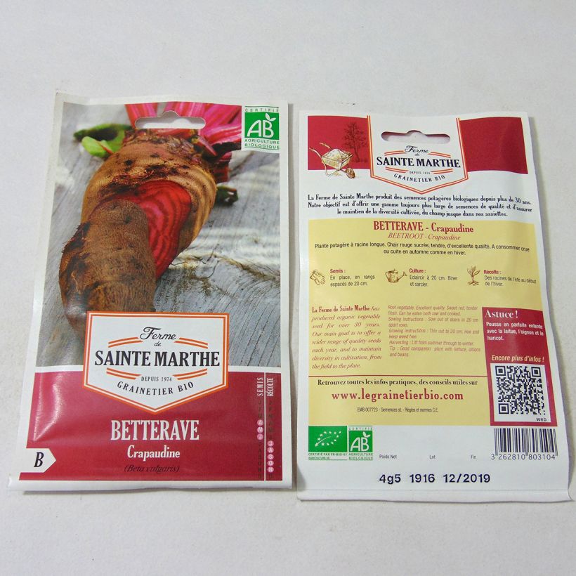 Beispiel eines Exemplars von Rote Bete Crapaudine Bio- Ferme de Sainte Marthe die Tüte mit 250 Samen (4.5g) wie geliefert