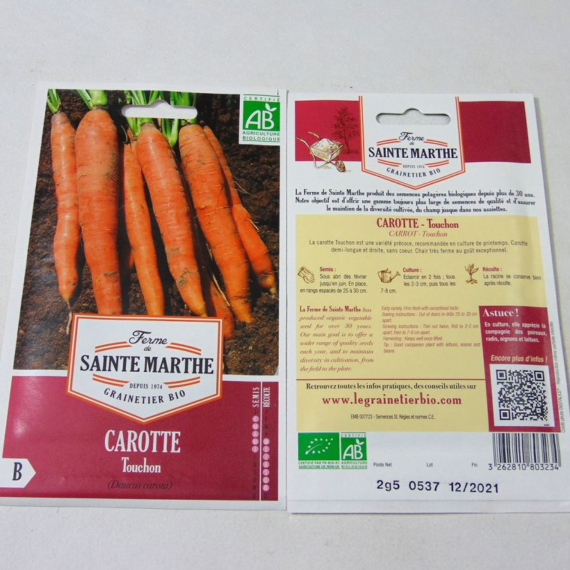 Beispiel eines Exemplars von Möhre Touchon Bio die Tüte mit 1700 Samen (2.5g) wie geliefert
