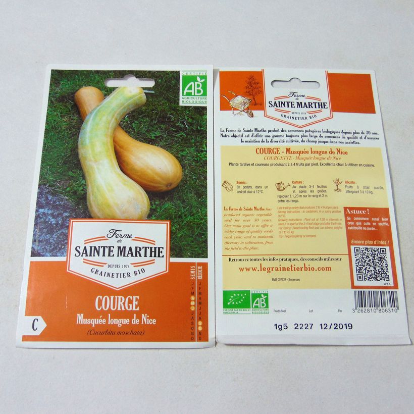 Beispiel eines Exemplars von Moschus-Kürbis Musquée Longue de Nice Bio - Ferme de Sainte Marthe die Tüte mit 15 Samen (1,5g) wie geliefert