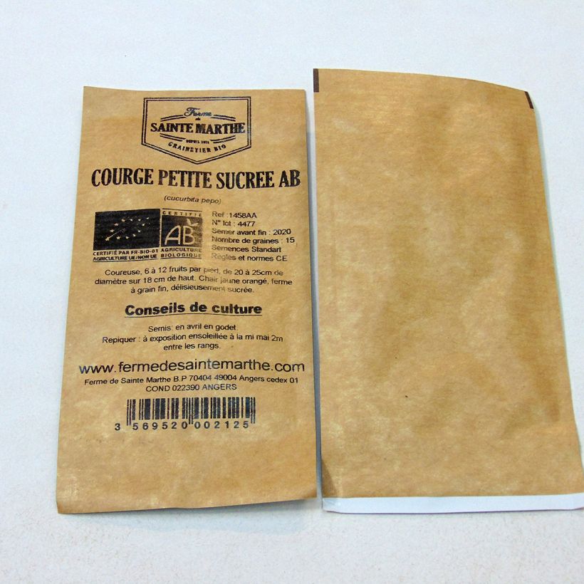 Beispiel eines Exemplars von Garten-Kürbis Petite sucrée Bio - Ferme de Sainte Marthe die Tüte mit 15 Samen (2g) wie geliefert