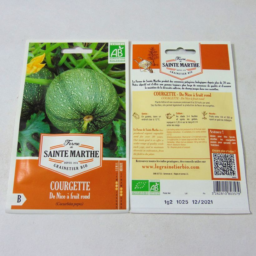 Beispiel eines Exemplars von Garten-Kürbis de Nice à fruit rond Bio - Ferme de Sainte Marthe die Tüte mit 8 Samen (1.2g) wie geliefert
