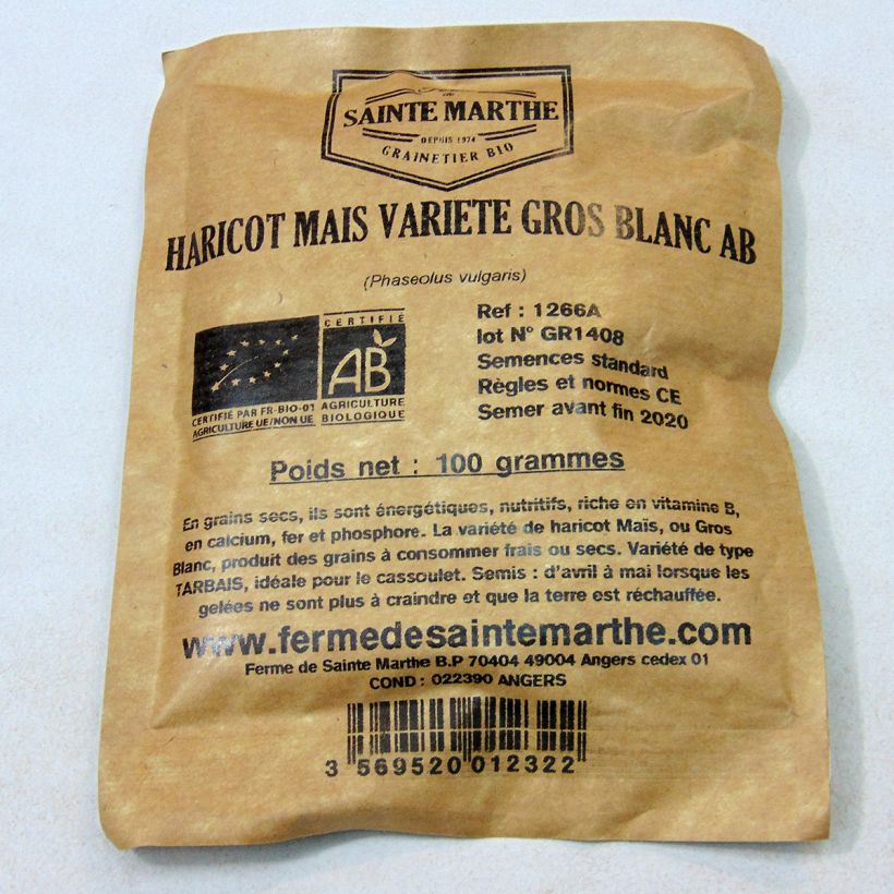 Beispiel eines Exemplars von Stangenbohne Maïs Variété Gros Blanc Bio die Tüte mit 150 Samen (80g) wie geliefert