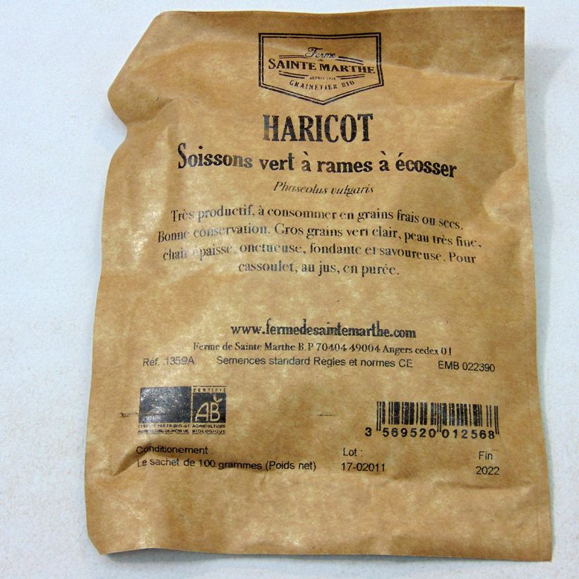 Beispiel eines Exemplars von Stangenbohne Soissons Vert Bio die Tüte mit 200 Samen (100g) wie geliefert