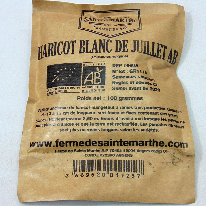 Beispiel eines Exemplars von Stangenbohne Blanc de Juillet Bio die Tüte mit 200 Samen (80g) wie geliefert