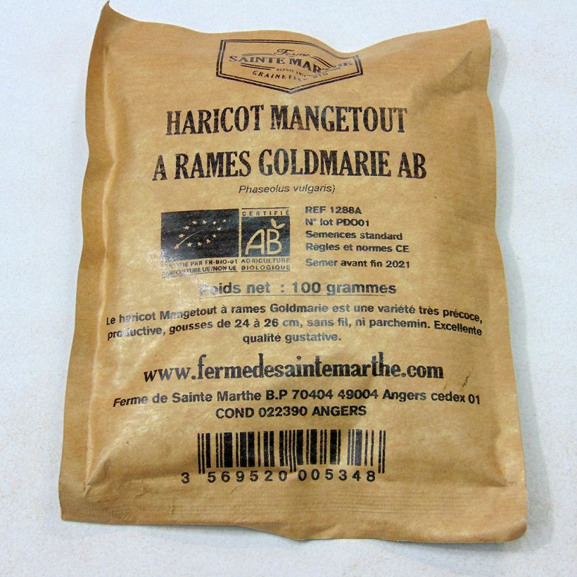 Beispiel eines Exemplars von Stangenbohne Goldmarie Bio die Tüte mit 200 Samen (100g) wie geliefert